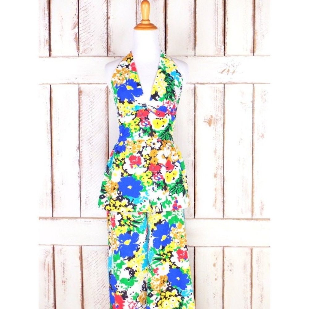 60s vintage Sundays Child California bright op art floral two piece pantsuit - Picture 5 of 5